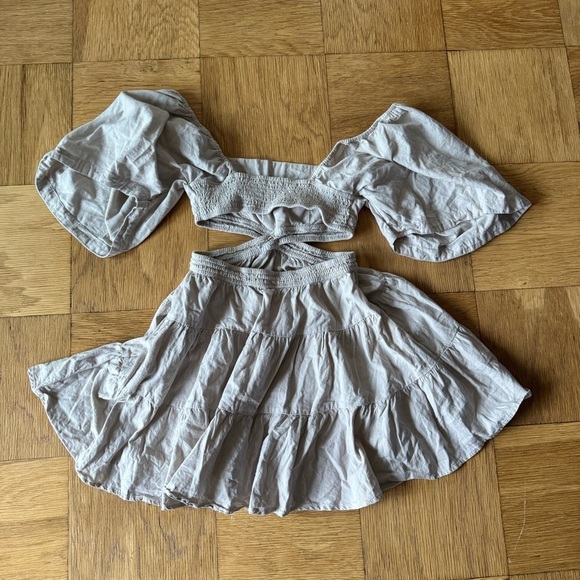 Free People XS Cross of Sunlight Dress Tan Oatmeal Mini Tiered Criss Cross Back - Picture 3 of 8